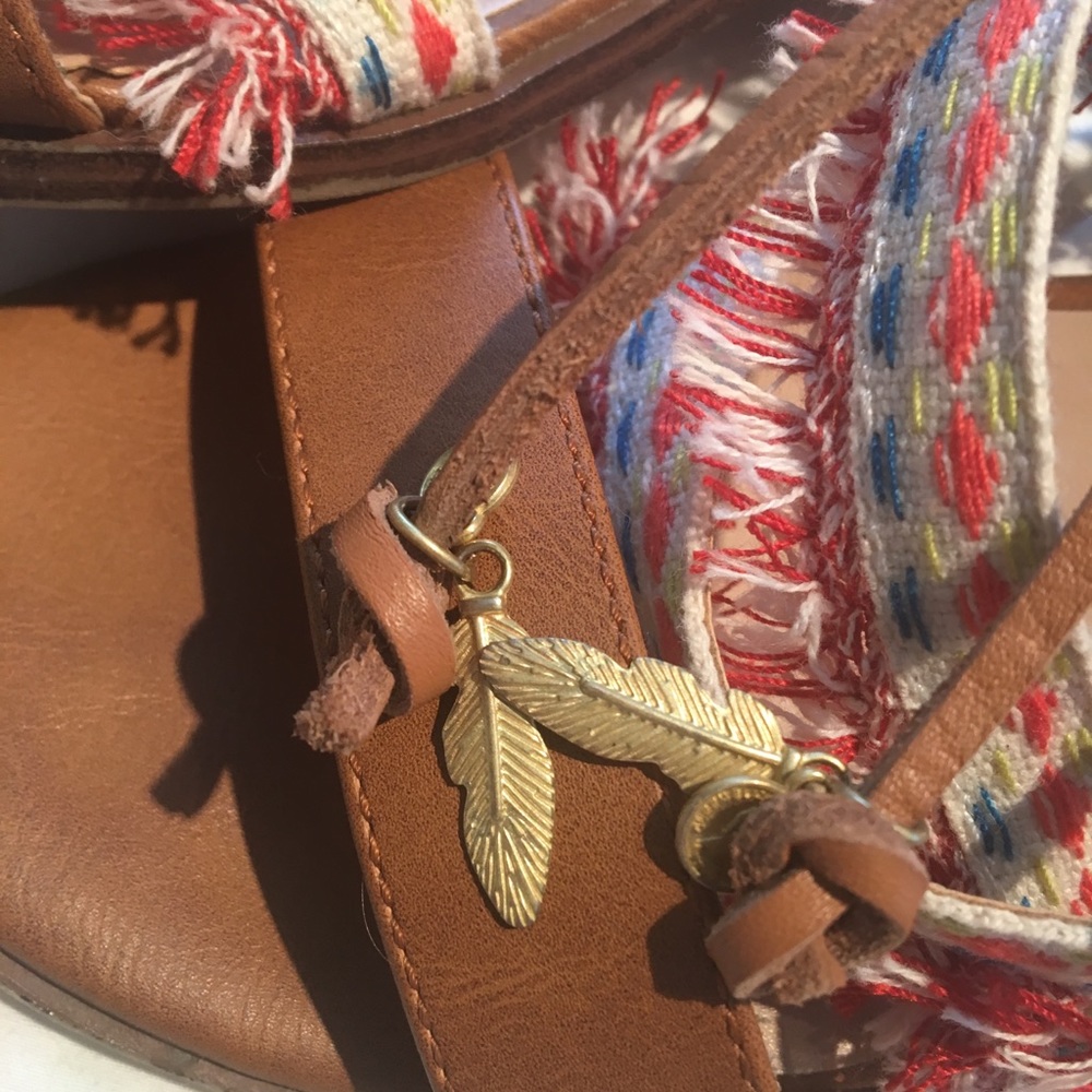 Tan Faux Leather/Colorful Fringe Ankle Tie Sandals - Picture 5 of 7